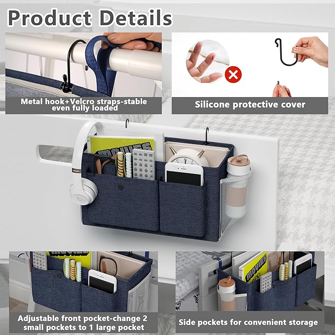 Edudif Bedside Caddy Bedside Organizer with Fixed Straps & Water Bottle Holder, Bunk Bed Caddy ideal for Home, Dorm, Hospital, Crib, Versatile Bedside Storage Solution