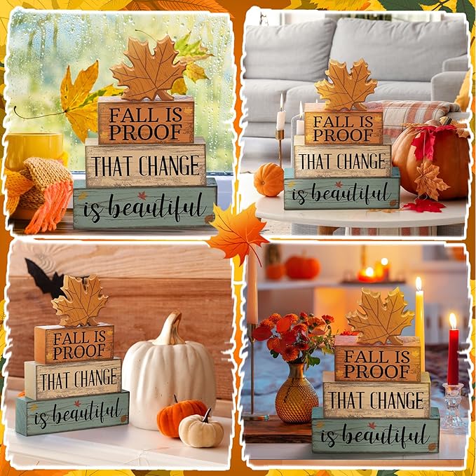 Lineshading 4 Pcs Fall Decoration for Home Wooden Maple Leaf Stacked Decor Thanksgiving Table Centerpiece Fall Tiered Tray Decor Rustic Decorative Maple Leaf Block Signs Autumn Decoration for Kitchen