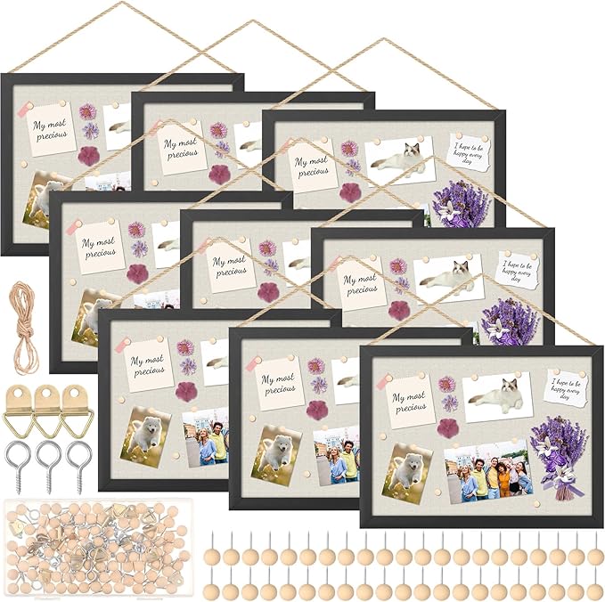 Teling 9 Pack Wood Bulletin Boards with Linen 12''x 16'' Cork Board for Walls with 90 Pushpin Decorative Wood Framed Display for School Office Home Decor (Black)