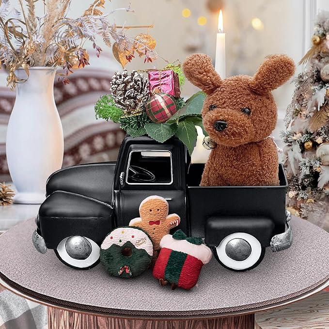 Farmhouse Black Truck Decor, Metal Pickup Farm Trucks Planter, Vintage Truck Christmas Decoration,Decorative Tabletop Storage