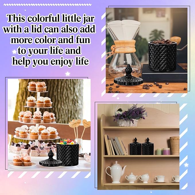 Aoriher 4 Pcs Crystal Glass Candy Jar Set with Lids Home Decorative Storage Jars for Apothecary, Bathroom, Kitchen, and Pantry, Ideal for Cotton Swabs and Jewelry(Medium,Black)