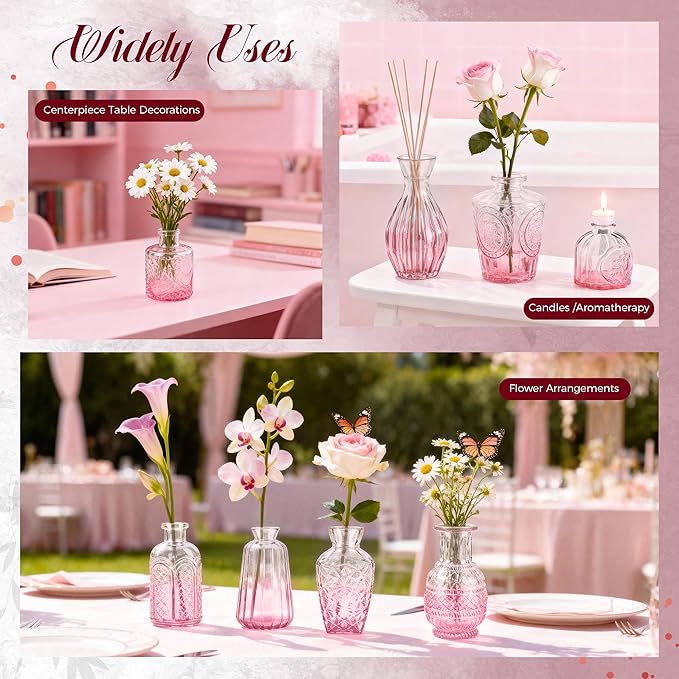 Der Rose Pink Glass Bud Vases Set of 30, Small Bud Vases for Flowers, Rustic Wedding Centerpieces and Home Decor