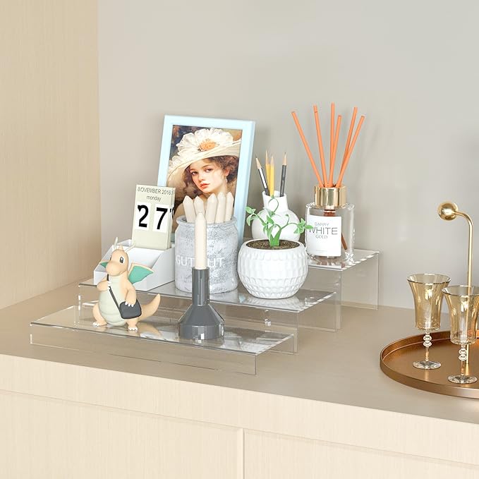 Sezanrpt Rectangular Acrylic Display Risers Stands 3pcs, Dessert Table Display Rack, Clear Display Shelf for Funko Pop, Collectibles, Retails, Shoes, Glasses, Plants, Home Decors, Perfume - 12-1'', 2'', 3''