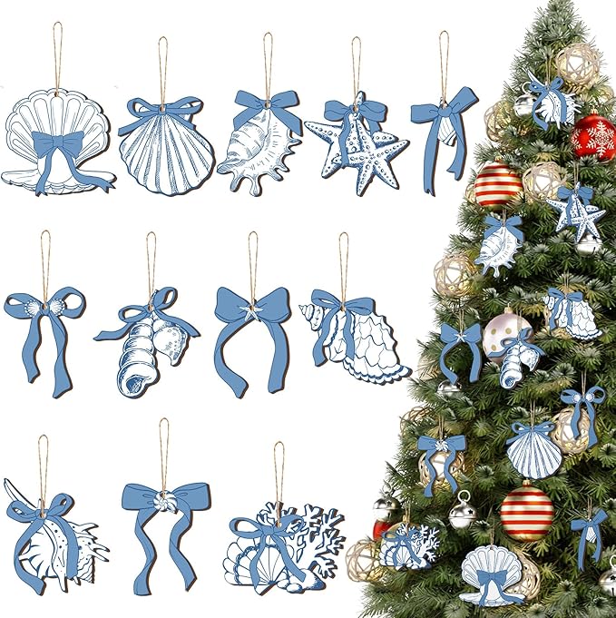 Suzile 36 Pcs Coastal Beach Wooden Ornaments Coquette Blue Bow Seashell Starfish Tree Decorations Ocean Nautical Wooden Cutouts with String Blue and White Summer Hanging Home Decorations for Party