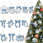 Suzile 36 Pcs Coastal Beach Wooden Ornaments Coquette Blue Bow Seashell Starfish Tree Decorations Ocean Nautical Wooden Cutouts with String Blue and White Summer Hanging Home Decorations for Party