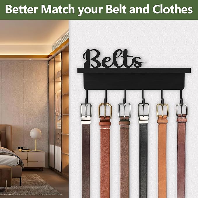 Belt Hanger Organizer for Closet, Wall Mount Belt Rack, Wooden Belt and Tie Organizer for Stores and Displays Mens Accessories (Length 9.8”) Black-Belts