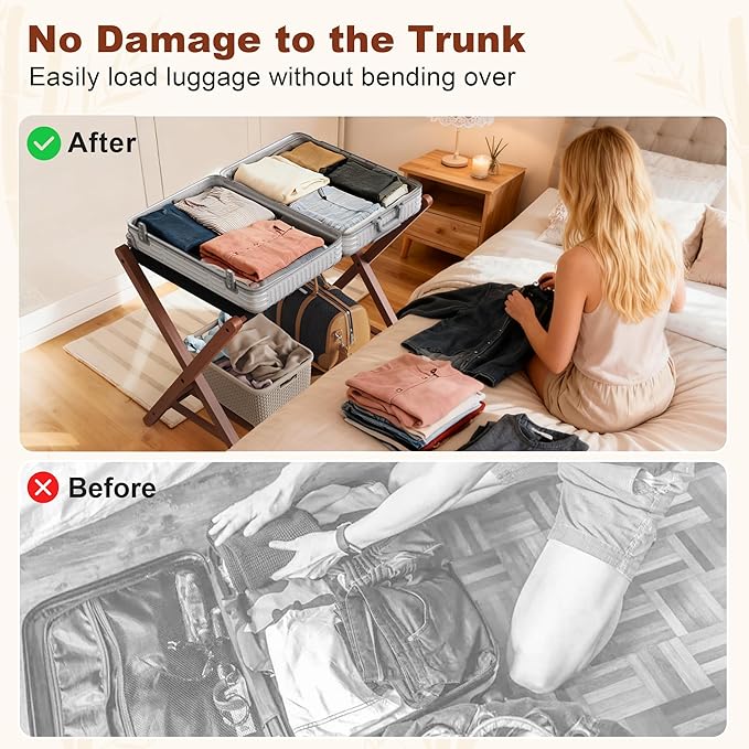 26.77"L Luggage Rack, Walnut Luggage Rack for Guest Room, Bamboo Folding Suitcase Stand with Storage Shelf, 5 Nylon Straps, Heavy Duty Luggage Holder for Bedroom Hotel, 1 Pack, Gift Box Packaging