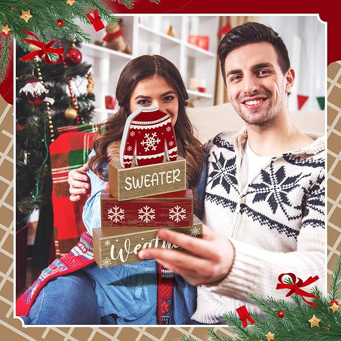 Lineshading 4 Pcs Christmas Table Decorations Ugly Sweater Christmas Decor Winter Tiered Tray Decor Xmas Centerpiece Decorative Ugly Sweater Block Signs Gift Farmhouse Xmas Decoration for Home Kitchen