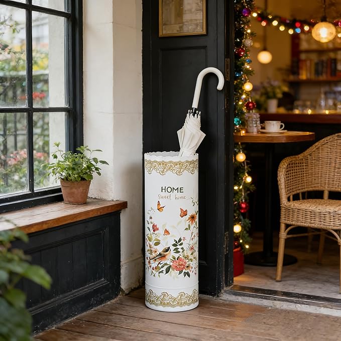 Vintage Metal Round Umbrella Holder Decorative Flower Design Umbrella Stands Entryway Organizer Bucket for Home/Office/Farmhouse - Holds Multiple Umbrellas, Walking Sticks & Canes Flower White