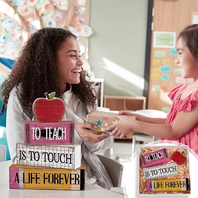 Moucuny 4 Pcs Teacher Appreciation Gift Retro Red Wooden Apples Decor Wooden Stacked Block Set, "to Teach is to Touch a Life Forever" Signs with Apple Topper, Rustic Classroom Decor for Home Desk