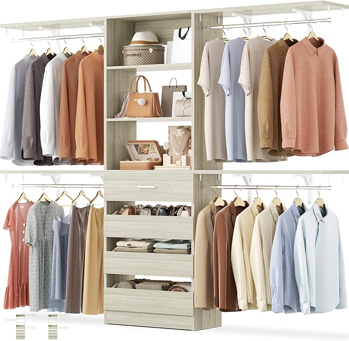 Aheaplus Closet System with Drawers, Wood Closet Organizer System with 4 Hanging Rods & Top Shelves, Walk-in Closets Organizer Wardrobe Clothes Rack, Cut Fits Spaces 4-9FT. Wide, White Oak
