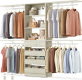 Aheaplus Closet System with Drawers, Wood Closet Organizer System with 4 Hanging Rods & Top Shelves, Walk-in Closets Organizer Wardrobe Clothes Rack, Cut Fits Spaces 4-9FT. Wide, White Oak