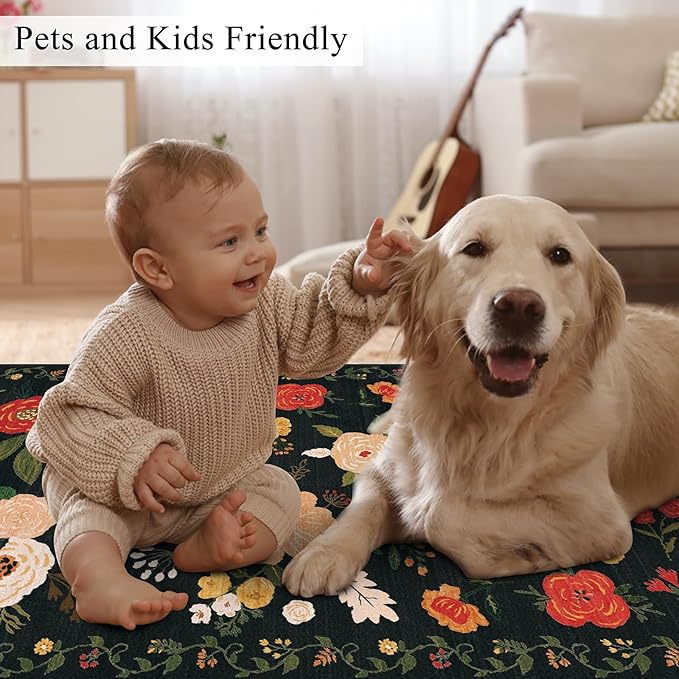 U'Artlines Indoor Door Mat Entrance Rug 2'x3'Soft Non Slip Machine Washable Floral Small Area Rug Carpet for Entryway Kitchen Bathroom Bedroom Black Green