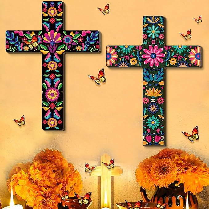 Pinkunn 2 Pcs Mexican Floral Cross Wall Decor Mexican Wall Art Hand Painted Decorative Inspirational Wooden Floral Cross Spanish Crucifix Decor for Home Room Church Decoration