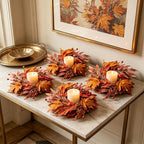 6 PCS Mini Fall Wreaths for Kitchen Cabinet 9 Inch Fall Maple Leaf Wreath for Front Door Small Autumn Hanging Wreath Thanksgiving Candle Ring for Farmhouse Home Porch Wall Window Table Decoration