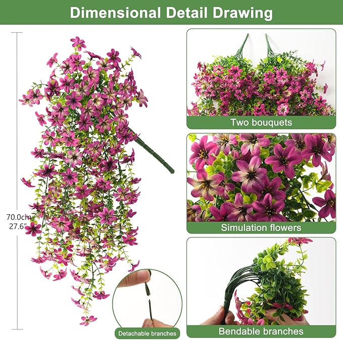 Artificial Hanging Flowers Plants for Outdoor Spring Decoration, 2PCS Faux Silk Daisy UV Resistant Look Real for Outside Home Indoor Planter Porch Garden Yard Decor(Light Purple Red)