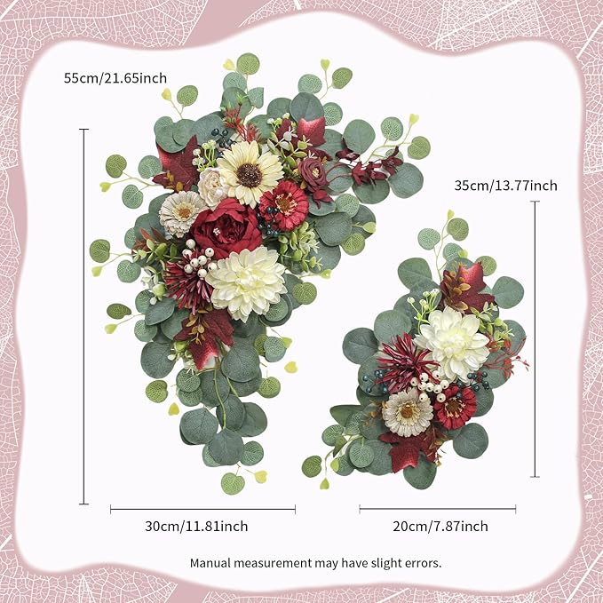 Odouzy Artificial Wedding Arch Flowers for Wedding Sign,Set of 2 for Welcome Ceremony Sign,Faux Floral Swags, Banquet and Reception Backdrop Floral Decoration (White Red)