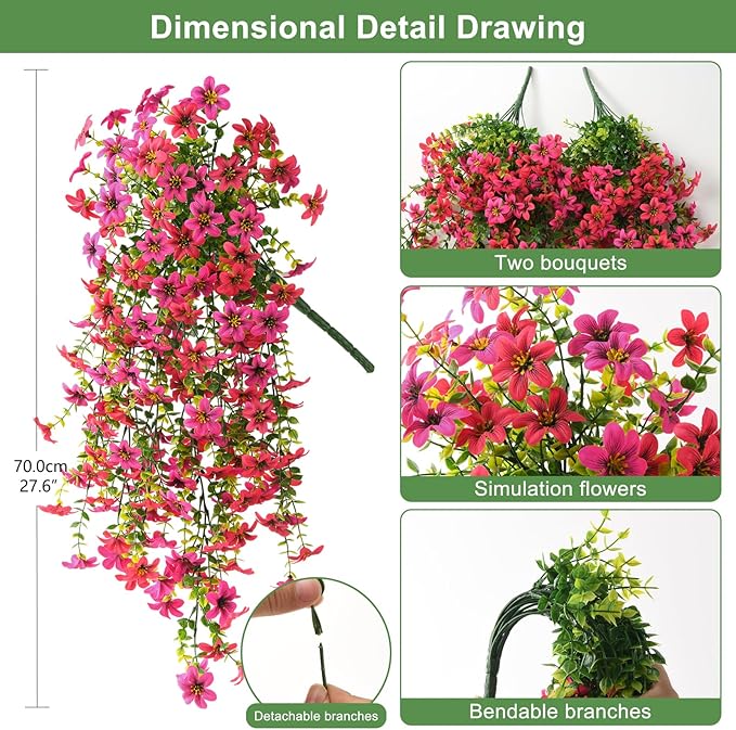 Artificial Hanging Flowers Plants for Outdoor Spring Summer Decoration, 2PCS Faux Silk Daisy UV Resistant Look Real for Outside Home Indoor Planter Porch Garden Yard Decor(Rose Red Fuchsia)