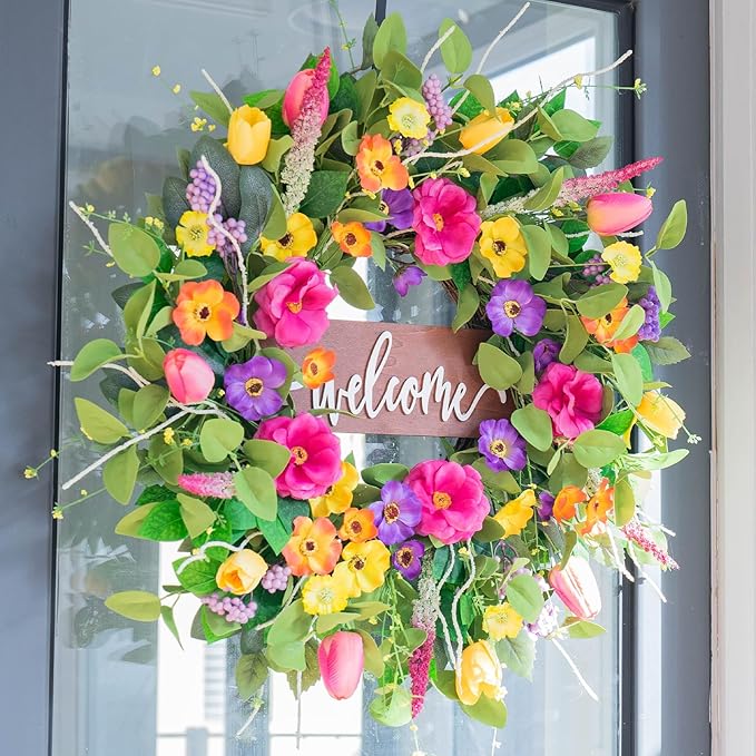 Pinkpuii Spring Wreaths for Front Door Outside – 24 Inch Artificial Tulip & Wildflower Summer Wreath with Green Eucalyptus Leaves and Welcome Sign- Indoor Outdoor Farmhouse Home Porch Wall Decor