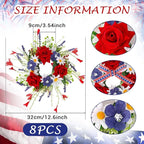 8 PCS Mini Patriotic American Cabinet Wreaths Small Red White and Blue Floral Wreath for Front Door with Ribbon Roses Daisy Forsythia July Independence Day Hanging Wreath for Porch Wall Window Decor