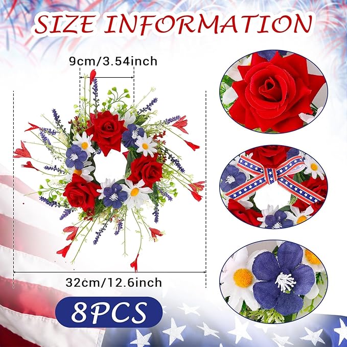 8 PCS Mini Patriotic American Cabinet Wreaths Small Red White and Blue Floral Wreath for Front Door with Ribbon Roses Daisy Forsythia July Independence Day Hanging Wreath for Porch Wall Window Decor