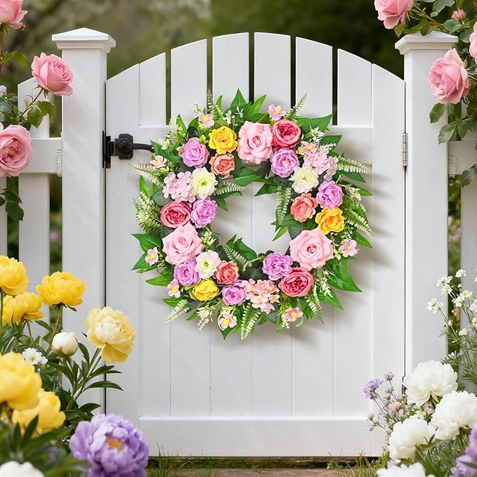 Yastouay Summer Wreaths for Front Door, 24 Inch Large Summer Wreath with Realistic Rose Peony, Full Floral Wreaths for Front Door Porch Farmhouse Patio Wall Decor All Season
