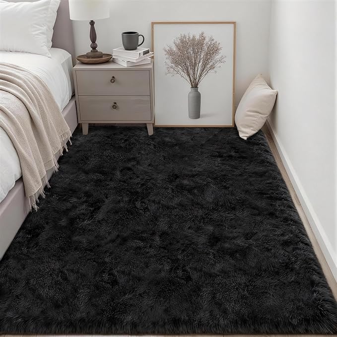 Fluffy 4x6 Area Rugs for Living Room Bedroom: Ultra Soft Shag Rug Non-Slip Non-Shedding Small Plush Bedside Rug Indoor Floor Carpets for Kids Room Playroom Entryway Nursery Dorms Home Decor Black