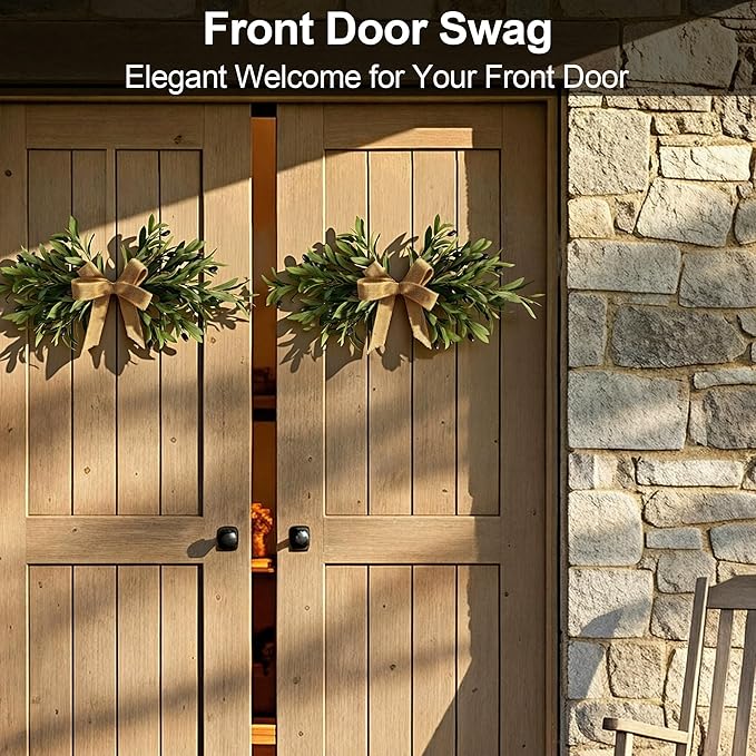 2 Pack 24" Artificial Olive Swag, Full Greenery Swag with Easy-Hang Burlap Bow, Flexible Realistic Olive Branch Wreath for Front Door, Wedding Arch, Wall, Farmhouse Home Decor