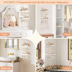 Keebofly Wall Mounted Jewelry Organizer with 2 Tired Shelves & Ring Holder- Jewelry Holder Wall Storage Display for Earrings, Necklace, Bracelet, Hair Accessories for girls in Bathroom Bedroom, White
