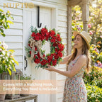 NUPTIO Geranium Wreath for Front Door: 24 Inch Summer Red Patriotic 4th of July Wreaths with Greenery Bow Hanger - Outdoor Realistic Artificial Silk Flower Spring Decor for Wall Window Porch Farmhouse