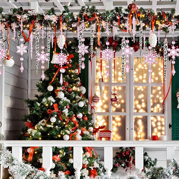 Giegxin 32 Pcs Crystal Christmas Ornaments Crystal Hanging Snowflakes Acrylic Xmas Tree Icicle Drop Decorations with Hooks for Christmas Snow Party Winter(Pink)