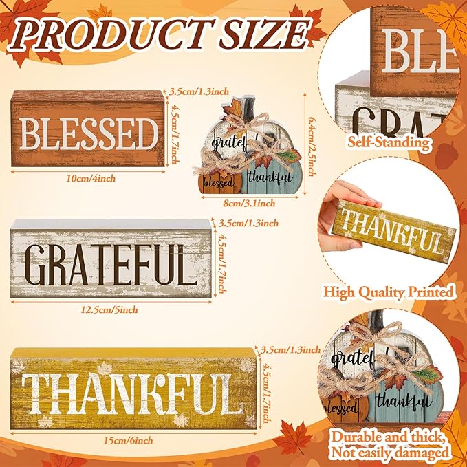 Lineshading 4 Pcs Fall Pumpkin Decor Fall Table Decoration Thanksgiving Tiered Tray Decor Thanksgiving Centerpiece Rustic Stacked Pumpkin Block Signs Farmhouse Harvest Decoration for Home Kitchen