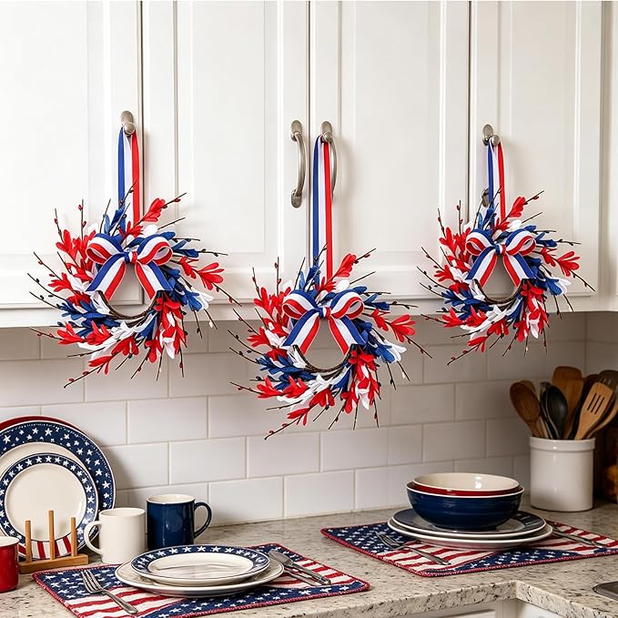 4 PCS Mini 4th of July Patriotic Kitchen Cabinet Wreaths Small Red White and Blue Floral Swag Wreath for Front Door with Forsythia Flowers Independence Day Hanging Wreaths for Memorial Day Porch Wall