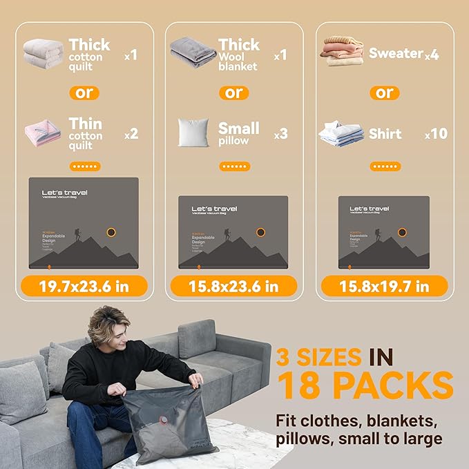 travel vacuum bags with Rechargeable Cordless Pump,18 Pack Vacuum Storage Space Saver Bags,vacuum luggage,Vacuum Seal Bags Seasonal Storage for Clothes Bedding Blanket Pillows Comforters