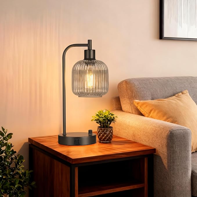 QiMH Industrial Table Lamp for Bedroom Set of 2, Grey Glass Beside Lamp with USB A&C Ports, Stepless Dimmable Black Lamps, Nightstand Lamps for Living Room, Office, Home Decor(Bulb Included)