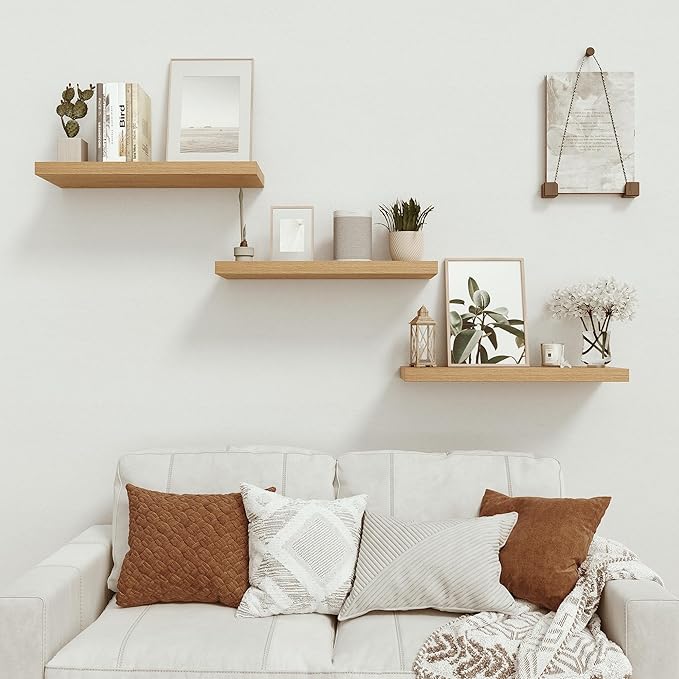 Vivelove Floating Shelves 24 inchs Long, Bathroom Shelves Over Toilet 9.1” Deep, Wall Mounted Wall Shelves for Bedroom, Living Room, Kitchen, Office, Rustic Home Decor, Oak, Set of 2