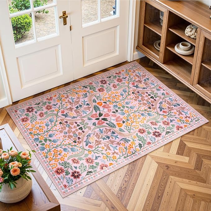 Moynesa Floral Pink Washable Rug, 2x3 Boho Bathroom Rugs Non Slip Soft Bedroom Accent Mat Ultra Thin Flower Small Indoor Door Mat for Entryway Kitchen Bedside, Pink