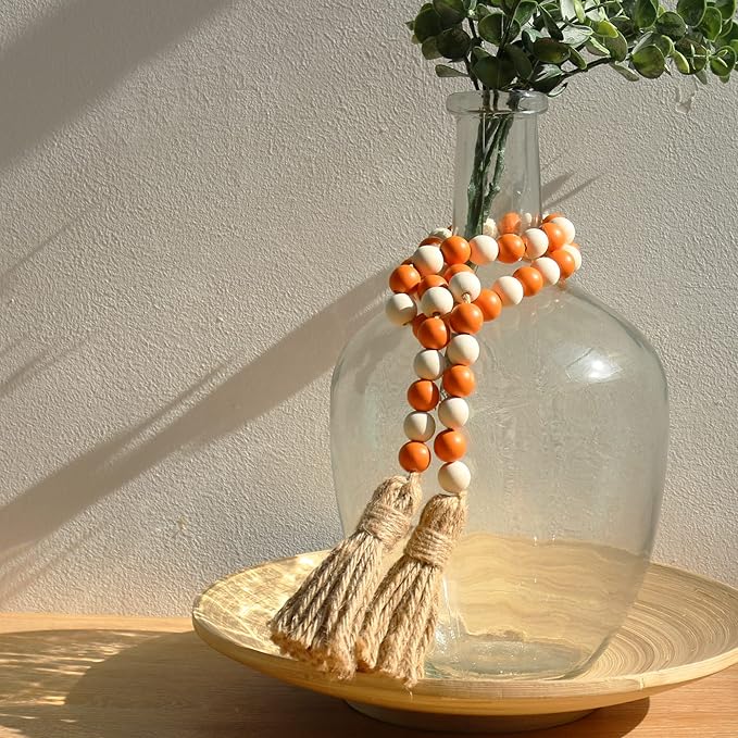 Meplait Fall Wood Bead Garland, 39in Farmhouse Beads with Tassels Halloween Tiered Tray Decor Decorative Beads Home Decor（Orange & Natural）