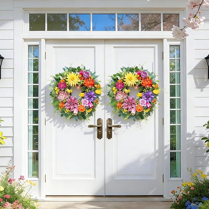 24 Inch Spring Summer Wreaths for Front Door Outside, Luxury Colorful Seasonal Floral Wreath with Chrysanthemums Roses Tulips & Berries, Faux Spring Summer Door Wreath for Outdoor Home Decor