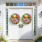 24 Inch Spring Summer Wreaths for Front Door Outside, Luxury Colorful Seasonal Floral Wreath with Chrysanthemums Roses Tulips & Berries, Faux Spring Summer Door Wreath for Outdoor Home Decor