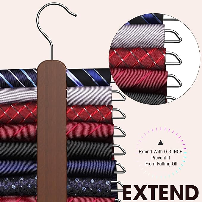 Tie Hanger 2 Pack, Rust Resistant Wooden Necktie Organizer with 360 Degree Rotation for Tie, Belt, Scarf Storage