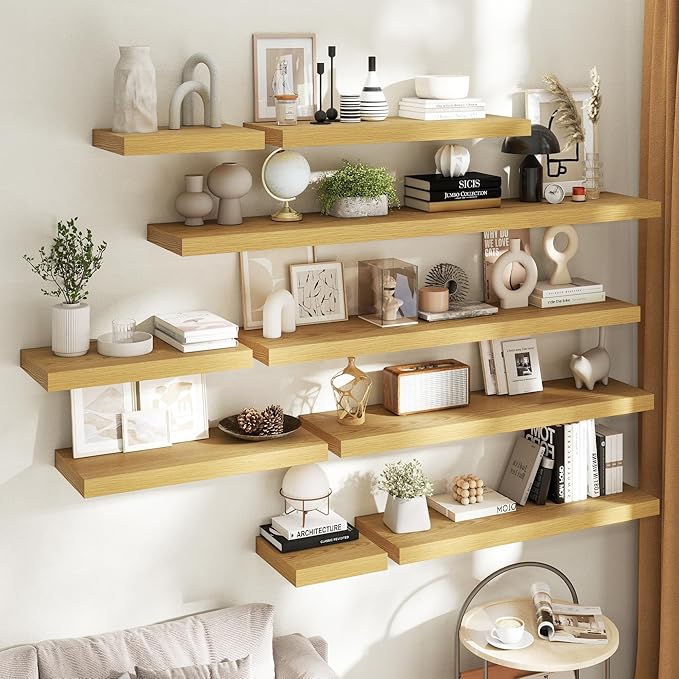 36 Inch Floating Shelves for Wall Set of 2, 12"D Wood Grain Bathroom Shelves with Invisible Brackets, Easy Install Engineered Wood Storage Shelves for Kitchen, Living Room, Bedroom, Oak Finish