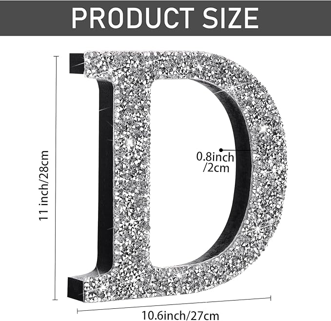 Qunclay 12'' Silver Crystal Diamond Bling Letters Crushed Diamond Decoration Wooden Glitter Letter with Screw and Hooks Rhinestone Gift for Wedding Y2k Mcbling Bedroom Wall Decor (Letter D)