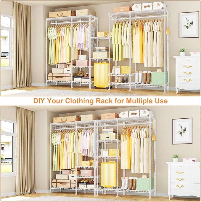 Ulif F4 Heavy Duty Clothes Rack (With Hanger Rod) Freestanding Clothing Racks for Hanging Clothes，Adjustable Closet Organizer System, Portable Garment Rack 45"W x 15.8"D x 71.3"H,Max Load 600LBS,White