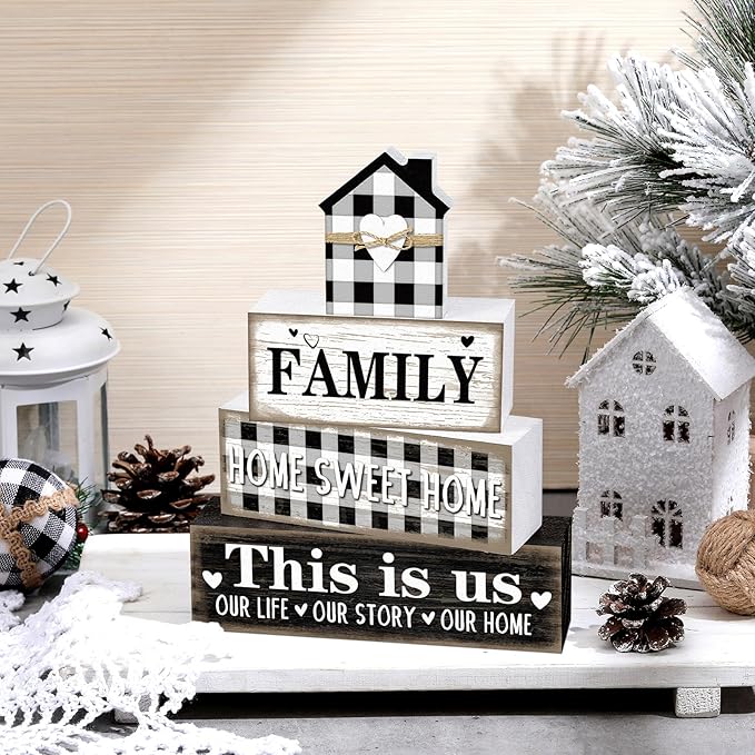 Cinnvoice 4 Pcs Farmhouse Tabletop Decor Rustic Family Blessed Home Table Centerpiece This Is Us Sign for Kitchen Shelf Desk Fireplace Mantel Tiered Tray Decor(Buffalo Plaid Family)