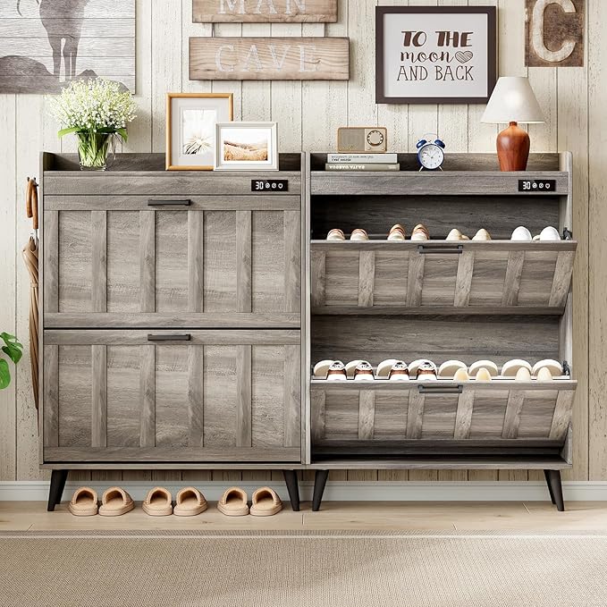 ChooChoo Shoe Storage Cabinet with 2 Flip Drawers, Deodorizing Shoe Organizer Storage for Entryway, Freestanding Hidden Slim Narrow Shoe Rack Cabinet, Grey