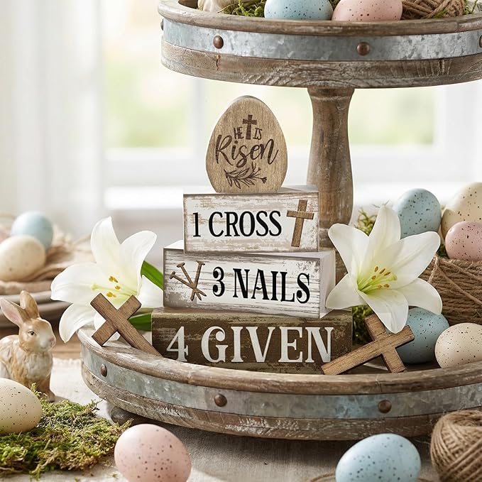 Lineshading 4 Pcs Easter Table Decoration Easter Gifts He Is Risen Tiered Tray Decor Christian Gifts Wooden Eggs Basket Stuffers Centerpieces for Holy Week Home Kitchen Party Decorations
