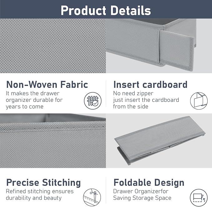 DIMJ Drawer Organizer Clothes - Underwear Organizer Small Sock Organizer Closet Organizers and Storage Box Dresser Drawer Dividers for Baby Clothes,Bra,Socks, Belt, Tie, Set of 12, Grey
