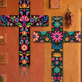 Pinkunn 2 Pcs Mexican Floral Cross Wall Decor Mexican Wall Art Hand Painted Decorative Inspirational Wooden Floral Cross Spanish Crucifix Decor for Home Room Church Decoration