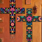 Pinkunn 2 Pcs Mexican Floral Cross Wall Decor Mexican Wall Art Hand Painted Decorative Inspirational Wooden Floral Cross Spanish Crucifix Decor for Home Room Church Decoration